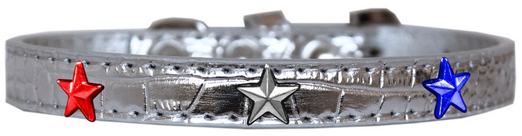 Red, White and Blue Star Widget Croc Dog Collar Silver Size 18